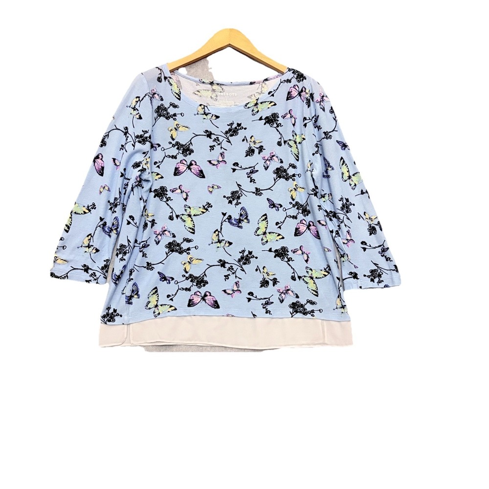 Talbots Womens Knit Top Sz Large Butterfly Print Lightweight Artsy Blue Layered